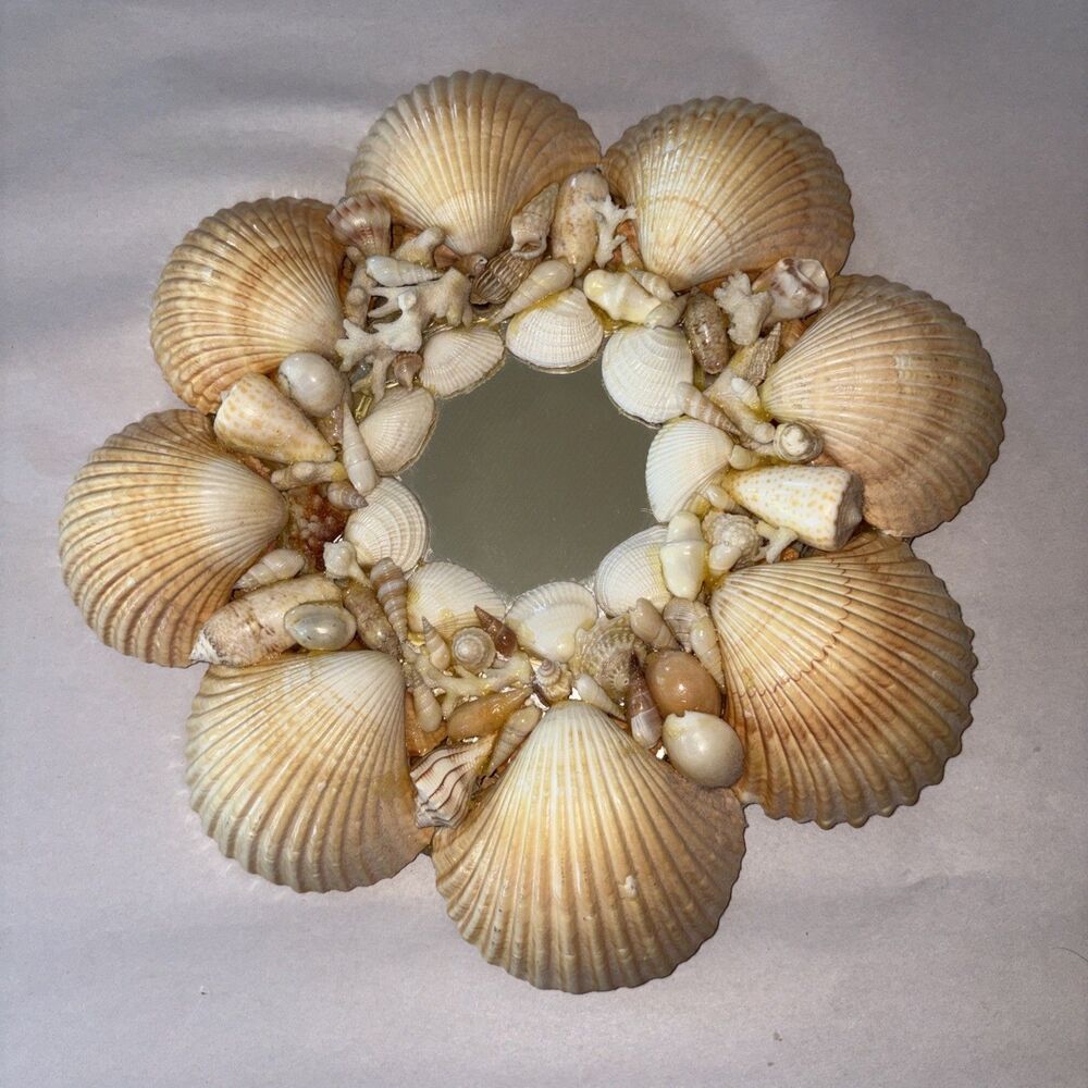 Vintage 1980s Handmade Real Round Wall Seashell Mirror 10.5" Coastal Beach Decor